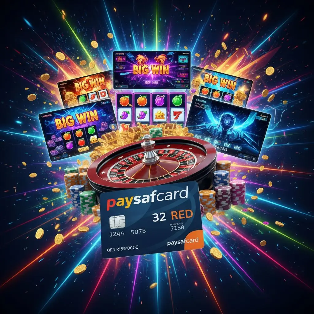 Ikonické online automaty, ruleta a paysafecard karta ve vizuálně atraktivní koláži